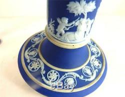 Paire Antique Wedgwood Jasperware Bleu Foncé Dip Bougeoirs