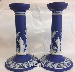 Paire De Chandeliers Wedgwood Jasperware Royal Blue 8 1/4 Tall