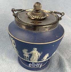 Pot à biscuits en jaspe bleu Wedgwood antique avec couvercle et poignée en argent plaqué 7 pouces de haut