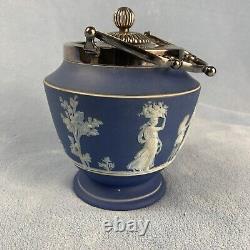 Pot à biscuits en jaspe bleu Wedgwood antique avec couvercle et poignée en argent plaqué 7 pouces de haut