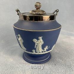 Pot à biscuits en jaspe bleu Wedgwood antique avec couvercle et poignée en argent plaqué 7 pouces de haut