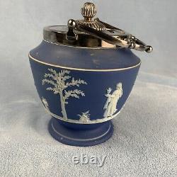 Pot à biscuits en jaspe bleu Wedgwood antique avec couvercle et poignée en argent plaqué 7 pouces de haut