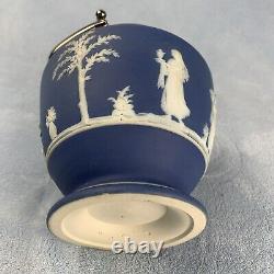 Pot à biscuits en jaspe bleu Wedgwood antique avec couvercle et poignée en argent plaqué 7 pouces de haut