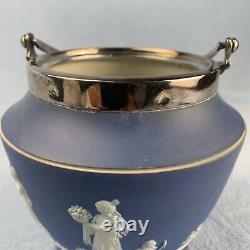 Pot à biscuits en jaspe bleu Wedgwood antique avec couvercle et poignée en argent plaqué 7 pouces de haut