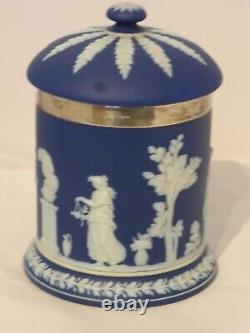 Pot à tabac ancien en jaspe bleu foncé Wedgwood en argent poinçonné