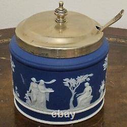 Poterie ancienne Wedgwood bleu foncé Jasperware sucrier pot à confiture avec couvercle et cuillère