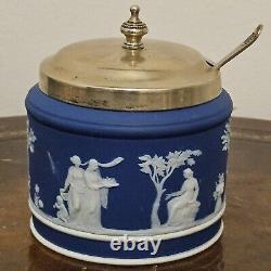 Poterie ancienne Wedgwood bleu foncé Jasperware sucrier pot à confiture avec couvercle et cuillère