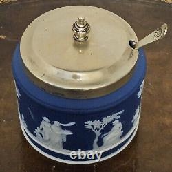 Poterie ancienne Wedgwood bleu foncé Jasperware sucrier pot à confiture avec couvercle et cuillère