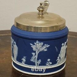 Poterie ancienne Wedgwood bleu foncé Jasperware sucrier pot à confiture avec couvercle et cuillère