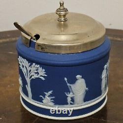 Poterie ancienne Wedgwood bleu foncé Jasperware sucrier pot à confiture avec couvercle et cuillère