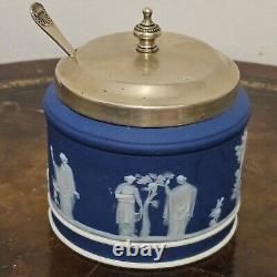 Poterie ancienne Wedgwood bleu foncé Jasperware sucrier pot à confiture avec couvercle et cuillère