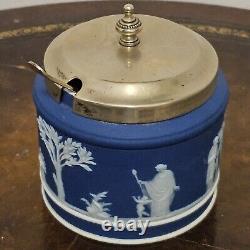 Poterie ancienne Wedgwood bleu foncé Jasperware sucrier pot à confiture avec couvercle et cuillère