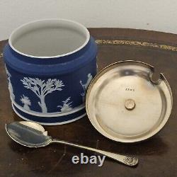 Poterie ancienne Wedgwood bleu foncé Jasperware sucrier pot à confiture avec couvercle et cuillère