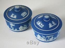 Pr. Antique Wedgwood Bleu Cobalt Dip Jasperware Couvert 5 Pots C. 1900