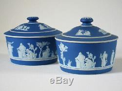 Pr. Antique Wedgwood Bleu Cobalt Dip Jasperware Couvert 5 Pots C. 1900
