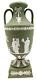 Rare Antique Wedgwood Green Jasperware Tall Apollo Muses Trophy Vase (vers 1890) <br/><br/>(note: "trophy Vase" Does Not Have A Direct Translation In French, So It Is Left As Is In The Translation.)
