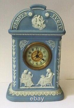 Rare Antique Wedgwood Mantel Clock 'Tempus Fugit' Pale Blue Jasperware <br/> <br/> Rare Antique Wedgwood Mantel Clock 'Tempus Fugit' Pale Blue Jasperware