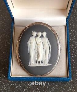 Rare! Énorme broche en jaspe noir bleu Wedgwood en argent sterling 925 42,4 g