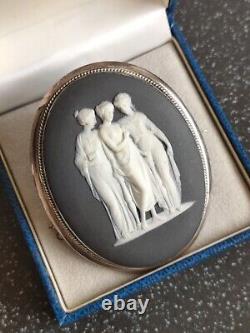 Rare! Énorme broche en jaspe noir bleu Wedgwood en argent sterling 925 42,4 g