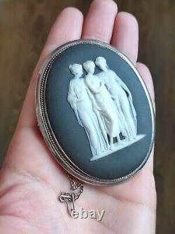 Rare! Énorme broche en jaspe noir bleu Wedgwood en argent sterling 925 42,4 g