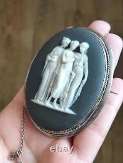 Rare! Énorme broche en jaspe noir bleu Wedgwood en argent sterling 925 42,4 g