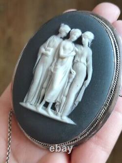 Rare! Énorme broche en jaspe noir bleu Wedgwood en argent sterling 925 42,4 g