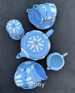 Rare Service à Thé Vintage Wedgwood en Jasperware Bleu Ciel et Blanc, 15 pièces, Angleterre