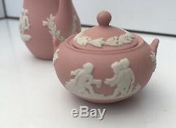 Rare Superbe Trio Rose Jasper Ware Jug Coffee Pot & Lidded Sugar Bowl Miniature