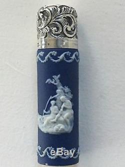 Rare Vintage / Antique Wedgwood Blue Jasperware Parfum Bouteille, Top Argent