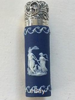 Rare Vintage / Antique Wedgwood Blue Jasperware Parfum Bouteille, Top Argent