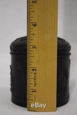 Rare Vintage Wedgwood Basalt Black Jasperware 3 Pot De Réceptrice De Cheveux Aveclid Angleterre