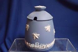 Rare Vintage Wedgwood Bleu Jasperware Miel Bee Pot / Bocal Aveclid Excelant