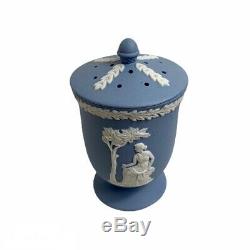 Rare Vtg Bleu Blanc Lot De Gaufrée Jasperware 2 Paires Potpourri Jar C 1920 Motif