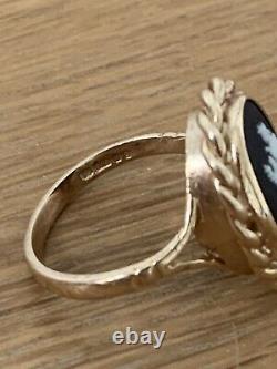 Rare Wedgwood Black Jasperware 9ct Gold Mounted Ring Diana La Chasseuse Taille N