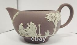 Rare Wedgwood Jasper Lilac 4pc Set Théière, Sugar Bowl, Creamer, 2 Mains Bud Vase