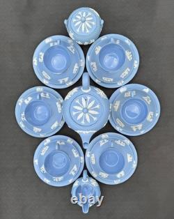 Rare ensemble de thé vintage Wedgwood en jasperware bleu ciel émaillé à l'intérieur, 21 pièces, Angleterre