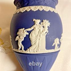 Rare vase Bountiful en jasperware Wedgwood vintage rare bleu Portland de 8 pouces de haut