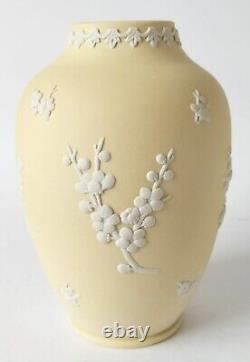 Vase Wedgwood Jasperware jaune à motifs de primevère et de prunier.