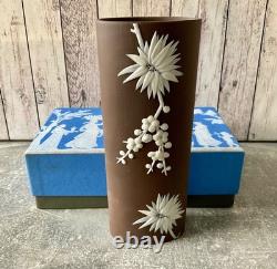 Vase haut en jaspe chocolat Wedgwood blanc sur brun en jaspe Prunus, boîte 16,5 cm
