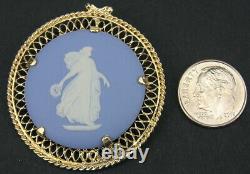 Vintage 14k Gold Wedgwood Bleu Jasperware Pendentif Médaillé Heures De Danse Brooch