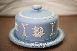 Vintage Mint Wedgwood Jasperware Classique Blue Plate Gâteau Avec Couvercle Angleterre
