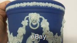 Vintage Wedgwood Angleterre Jasperware Jardinière En Pot Avec Cache Grecque Bleu Blanc Cobalt