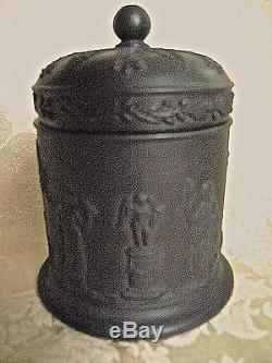 Vintage Wedgwood Black Basalt Jasperware Bouteille À Tabac Conteneur À Lidded