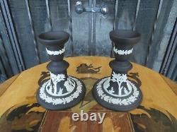 Vintage Wedgwood Black Jasperware Candlestick Candle Holder Cameos Paire