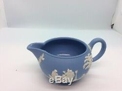 Vintage Wedgwood Bleu Jasper Ware Teapot, Creamer Et Set Sucre