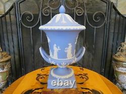 Vintage Wedgwood Blue Jasperware Campana Pedestal Urn Vase Sacrifice Figures Mib