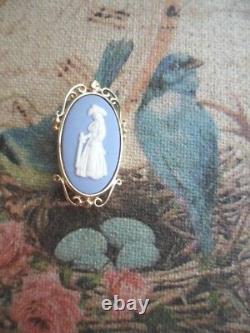 Vintage Wedgwood Gold Bijoux Brooch Pendentif Bleu Et Blanc Jasperware Bijoux