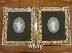 Vintage Wedgwood Green Jasperware Oval Floral Girl Cameo Framed Plaque Paire