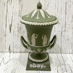 Vintage Wedgwood Sage Green Jasperware Large 11,5 Campana Pedestal Urn With LID