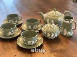 Vintage Wedgwood Sage Green Jasperware Tea Set Pot Cream Sugar Cups Soucoupes